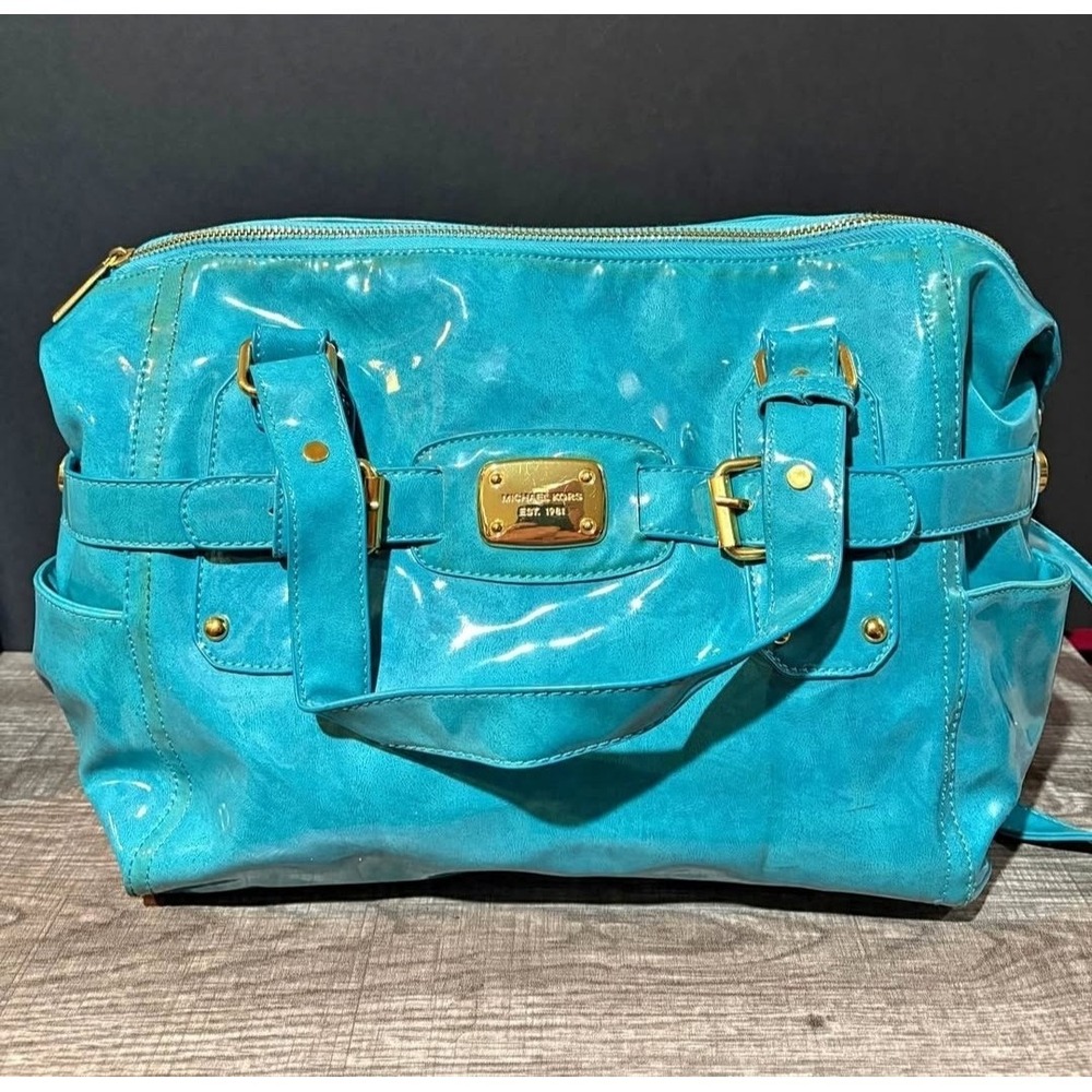 Michael Kors Gia Satchel Teal Blue Patent  Project Bag Read Description!